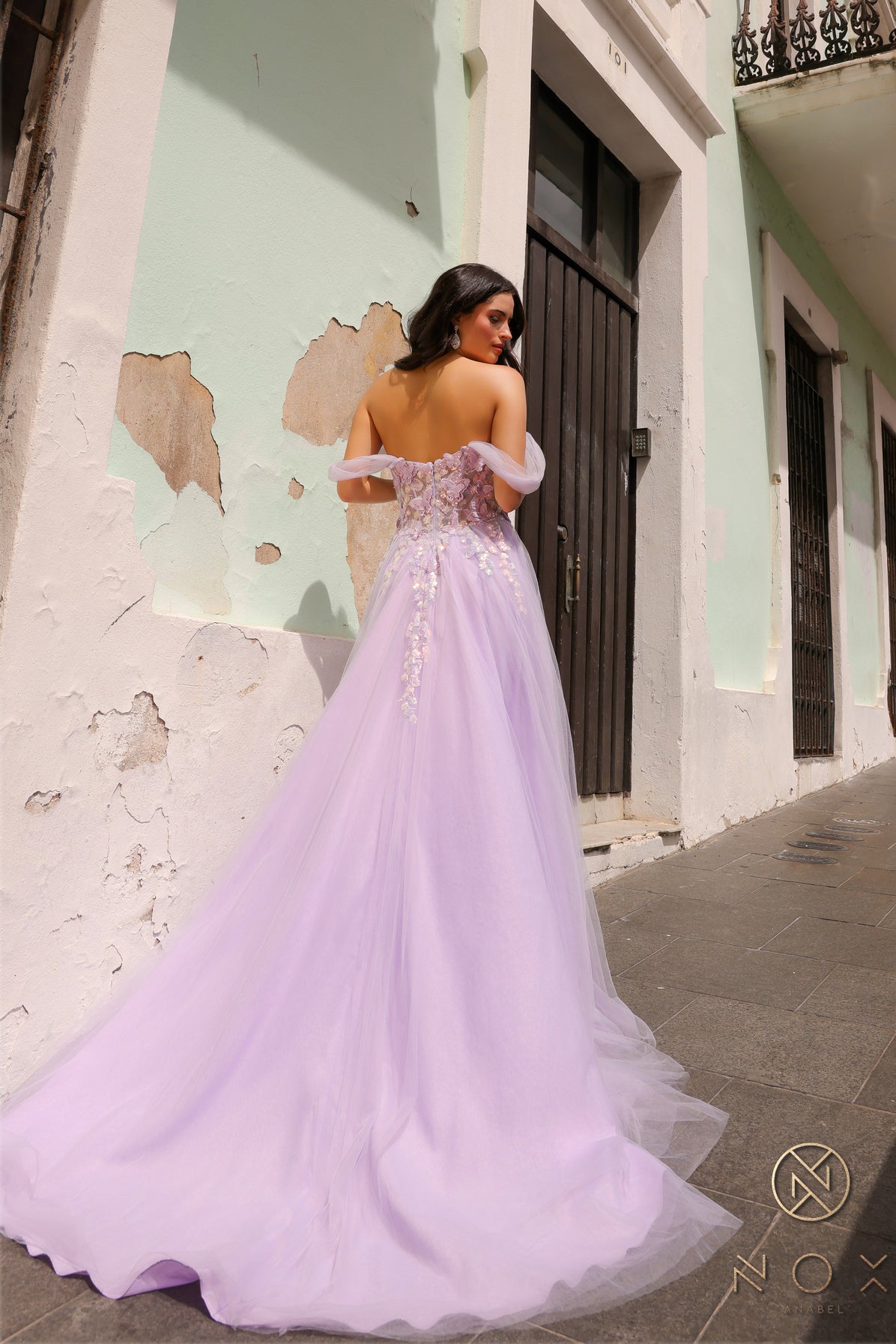 Nox Anabel J1324 A Line Prom Dress Sequin Lace Tulle off the shoulder Sheer Corset Formal Gown