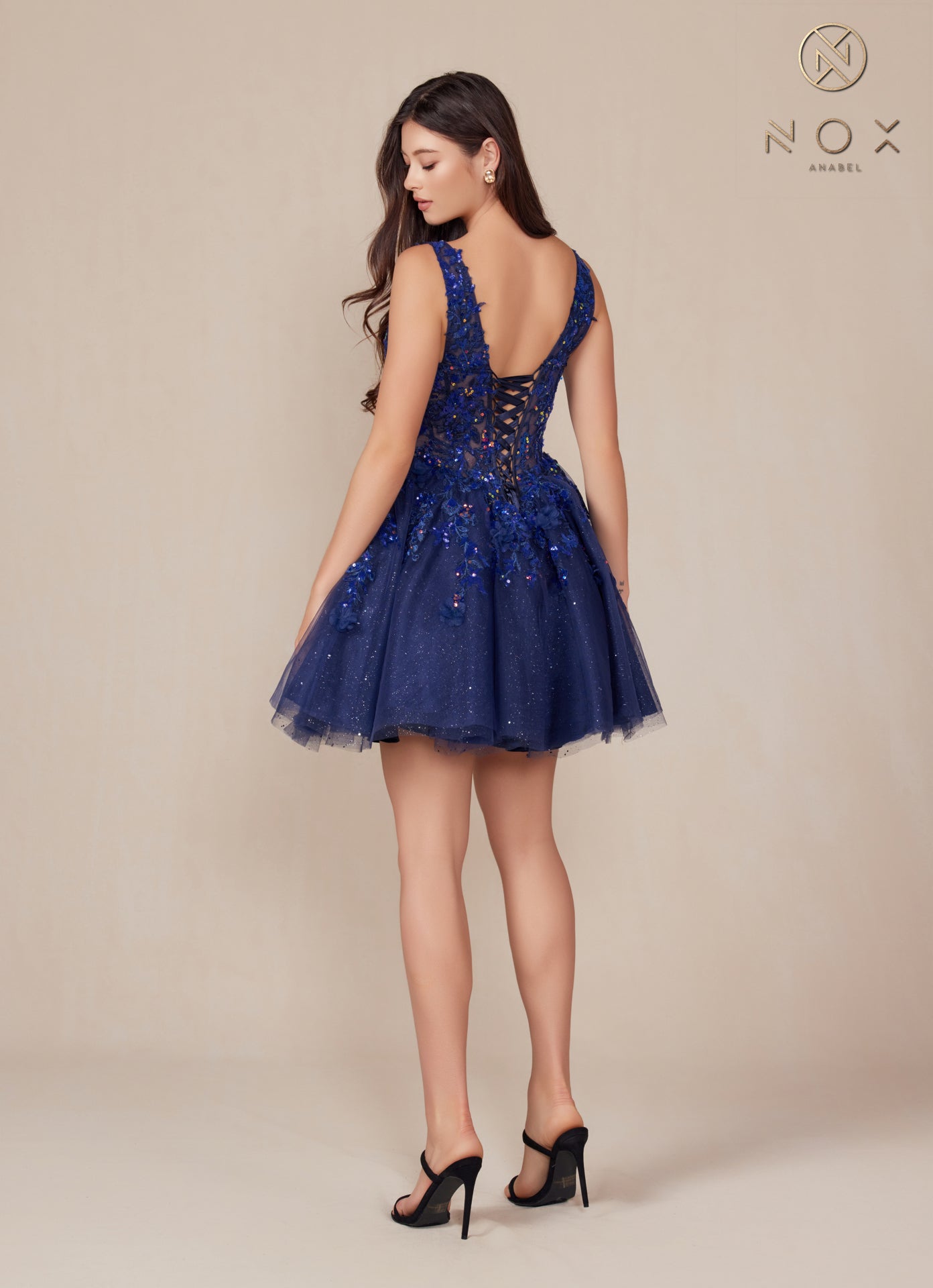 Nox Anabel H846 Short Shimmer Lace Homecoming Dress Sequin Corset Cocktail Gown