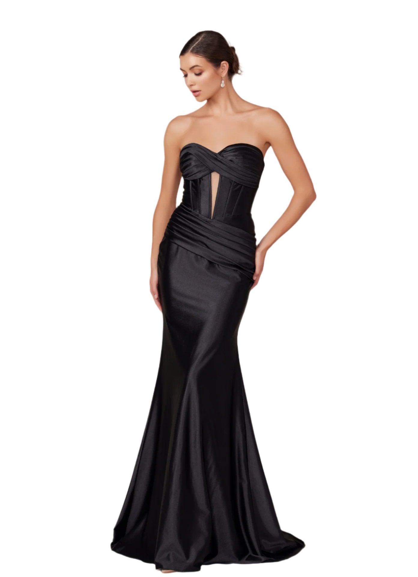 Shine bright at prom in the Nox Anabel T1500 Long Formal Corset Dress. With a cut out bodice and strapless sweetheart neckline, this gown is perfect for a fun and flirty evening. The corset bodice and ruched detailing add a touch of elegance, making you the star of the night.