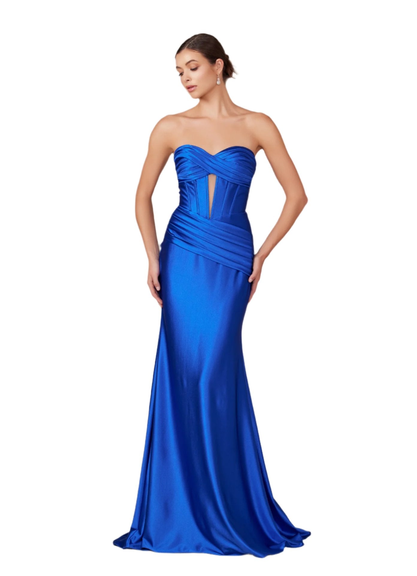 Shine bright at prom in the Nox Anabel T1500 Long Formal Corset Dress. With a cut out bodice and strapless sweetheart neckline, this gown is perfect for a fun and flirty evening. The corset bodice and ruched detailing add a touch of elegance, making you the star of the night.