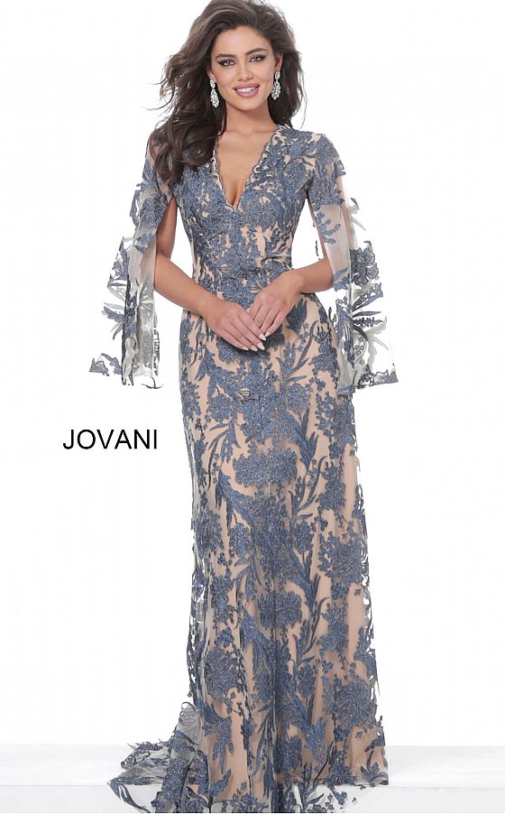 Jovani 00752 Long Navy Lace Formal Evening Dress Long Drape