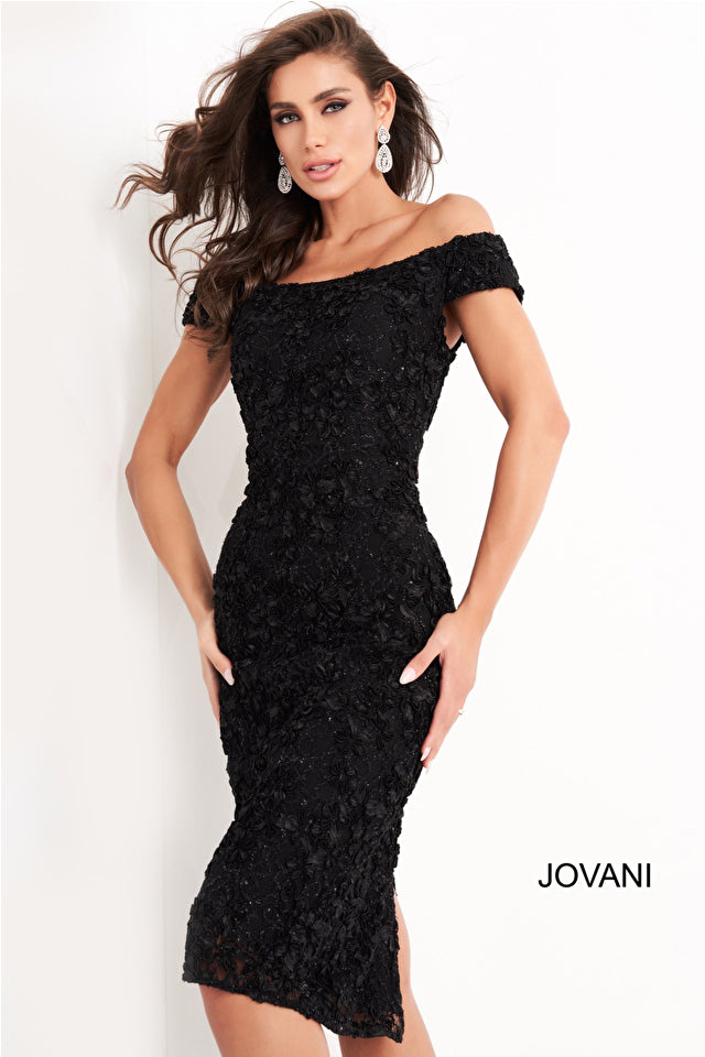 Jovani 04763 is a timeless off-the-shoulder formal dress. Crafted from all-over lace, it is designed to flatter the figure with its fitted silhouette. Perfect for weddings and special occasions, this knee length design will elevate your look.