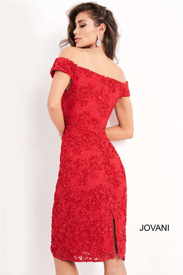 Jovani 04763 is a timeless off-the-shoulder formal dress. Crafted from all-over lace, it is designed to flatter the figure with its fitted silhouette. Perfect for weddings and special occasions, this knee length design will elevate your look.