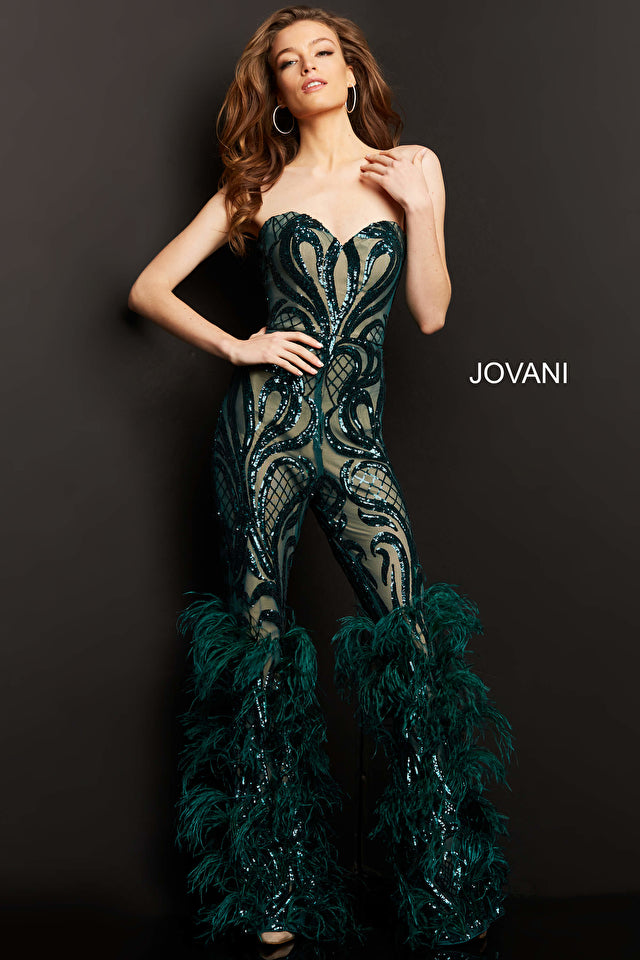 Jovani 05669 Embellished Sweetheart Neck Strapless Couture Feathered Jumpsuit Closure: Invisible Back Zipper with Hook and Eye Closure   Details: Sequin embellished prom jumpsuit with a nude underlay, straight pants embellished with feathers, strapless fitted bodice with sweetheart neckline.