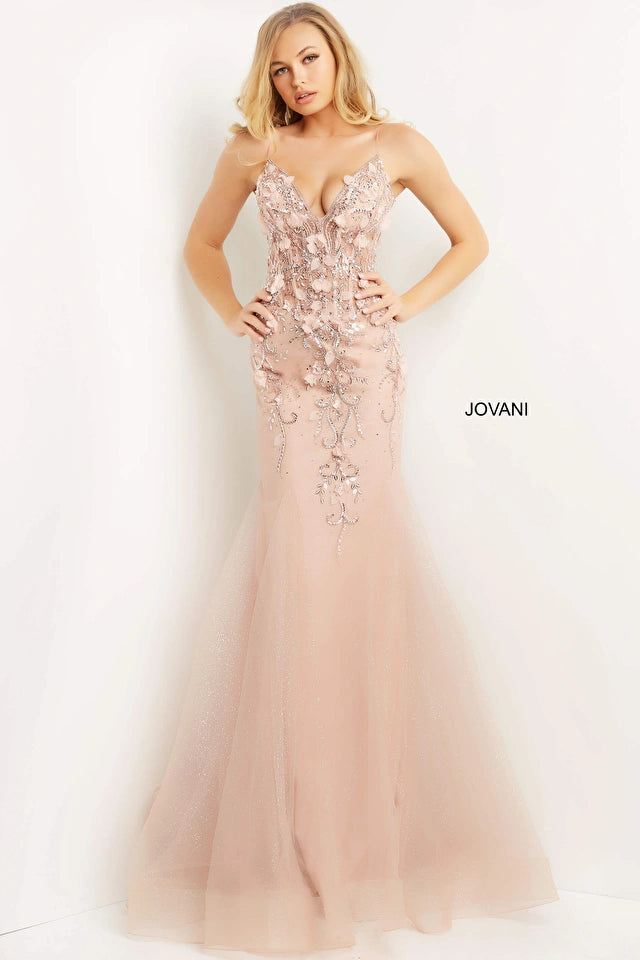 Jovani 05839 is an elegant long mermaid prom dress made of high-quality polyester/spandex fabric blend. It features a floral pattern V-neckline and a body-hugging silhouette, guaranteed to make a statement. The advanced manufacturing processes provide a comfortable fit and make it a perfect formal wear for any special occasions.