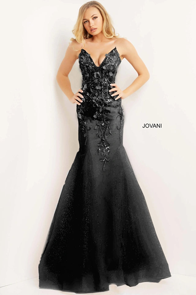 Jovani 05839 is an elegant long mermaid prom dress made of high-quality polyester/spandex fabric blend. It features a floral pattern V-neckline and a body-hugging silhouette, guaranteed to make a statement. The advanced manufacturing processes provide a comfortable fit and make it a perfect formal wear for any special occasions.