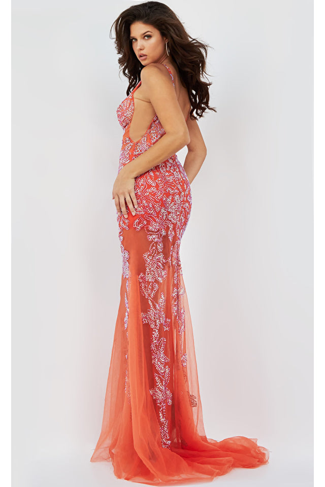 Jovani 08275 Beaded Sheer Fitted Plunging Neckline Sexy Prom Dress. The Jovani 08275 Tangerine Beaded Sheer Sexy Prom Dress is a bold and stylish option for a formal event. This dress features intricate stone embellishments that create a beautiful illusion pattern on the form-fitting silhouette. The dress has a bold floral design that adds to its allure. The floor-length skirt has a sweeping train that adds drama to the overall look.