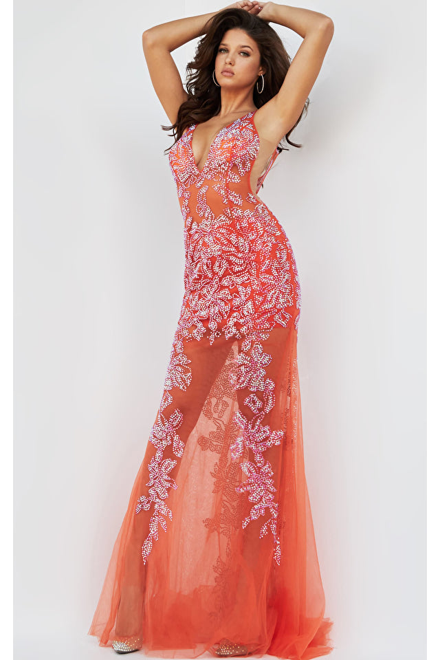 Jovani 08275 Beaded Sheer Fitted Plunging Neckline Sexy Prom Dress. The Jovani 08275 Tangerine Beaded Sheer Sexy Prom Dress is a bold and stylish option for a formal event. This dress features intricate stone embellishments that create a beautiful illusion pattern on the form-fitting silhouette. The dress has a bold floral design that adds to its allure. The floor-length skirt has a sweeping train that adds drama to the overall look.