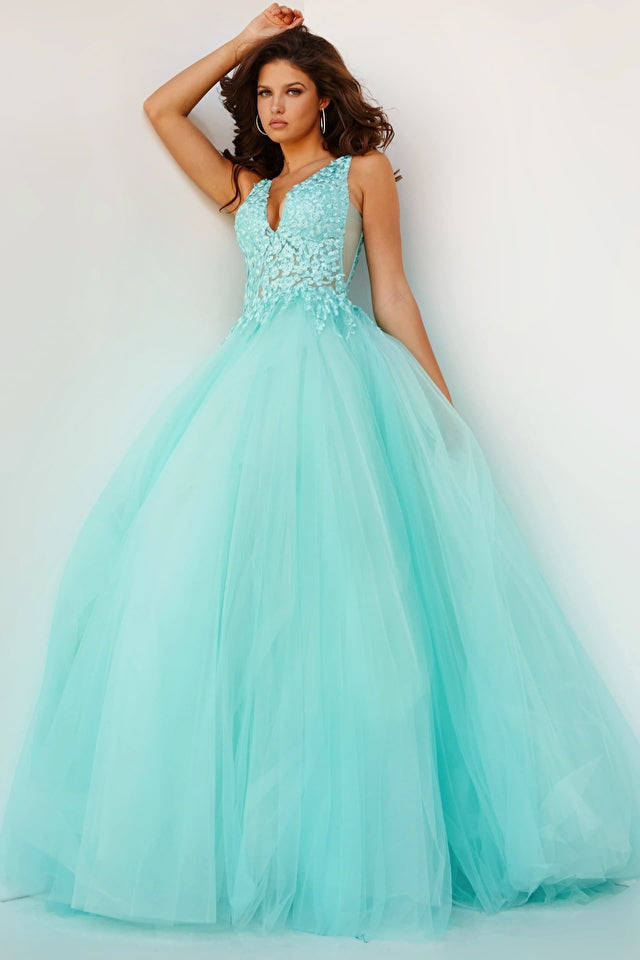 Jovani 08572 Tulle Ballgown, Floor length Full Skirt, Fitted Floral Embroidered Bodice Prom Ballgown. The Jovani 08572 Tulle Ballgown is a breathtaking ensemble featuring a floor-length full skirt and fitted floral embroidered bodice. Its red-carpet-ready design is perfect for prom, pageants, and more.   