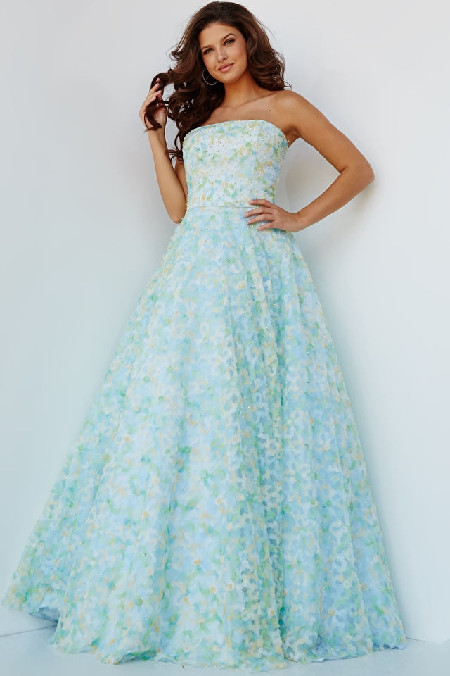 Jovani K09765 Multi Strapless A-Line Floral Kids Long Gown. Create a showstopper at your next event with this Jovani K09765 Multi Strapless A-Line Floral Kids Long Gown. After one glance, your squad will be flocking around you asking where you got it! Flaunt your style and look like a princess with this spectacular floral gown. Now's the time to show 'em what you got!