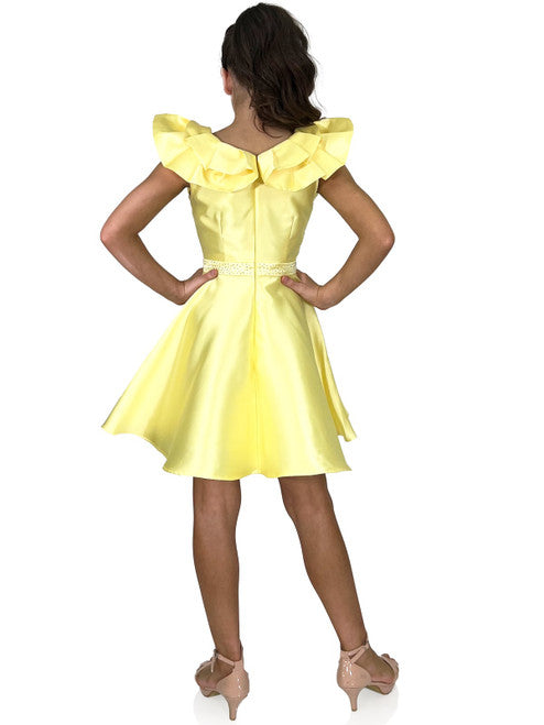 Marc Defang K6013 Short A Line Girls Pageant Cocktail Dress Interview Bow This stunning dress works perfectly for interview, fun fashion, as well as formal occasions Featured color:All colors are available. Hand crafted crystals on the waistband  Bow front Multiple pleated collar, front and back  2 side pockets! Center back invisible zipper Inner lining for silky comfort Available Sizes: 4-14 Available Colors: Hot Pink, Yellow, Aquarius Blue  See swatch chart Please Allow 30 Days for Delivery