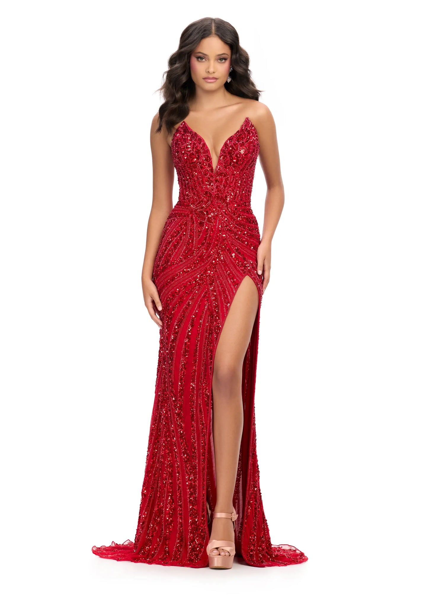 Ashley Lauren 11236 Size 00,0,2,4,6,14 Red Coral Long Fitted V Neck Slit Beaded Sequin Prom Dress Pageant Gown