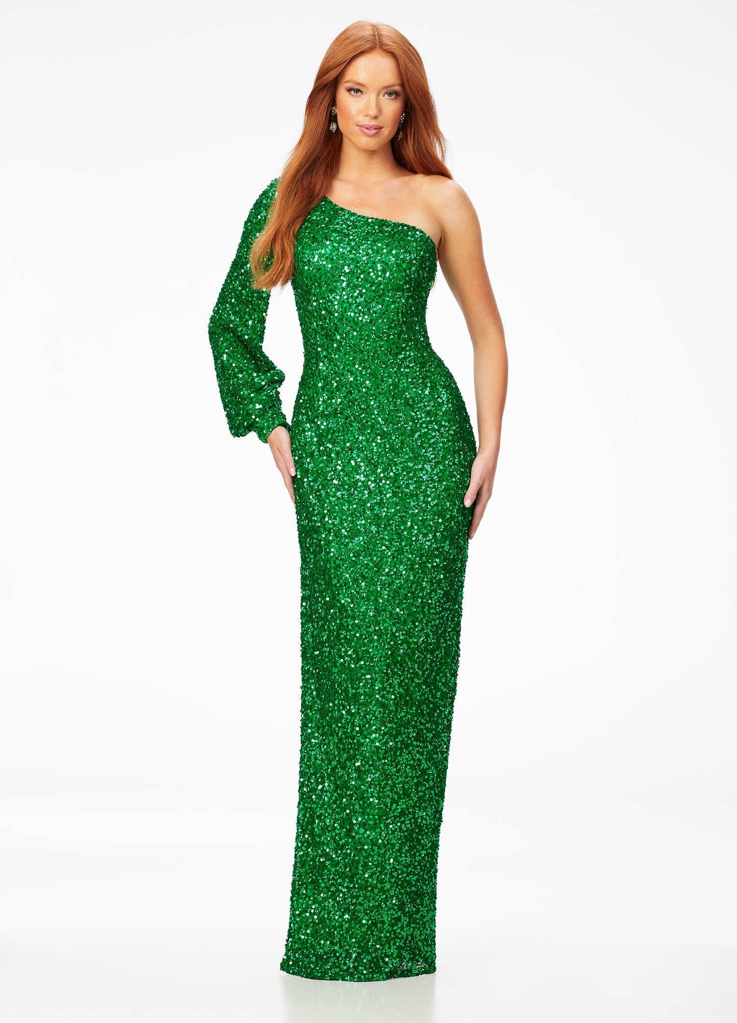 Ashley Lauren 11194  This gorgeous sequin gown features a one shoulder neckline dress features a bishop sleeve and a fitted column skirt with back vent.  Available colors:  Neon Pink, Peacock, Purple, Emerald, Black