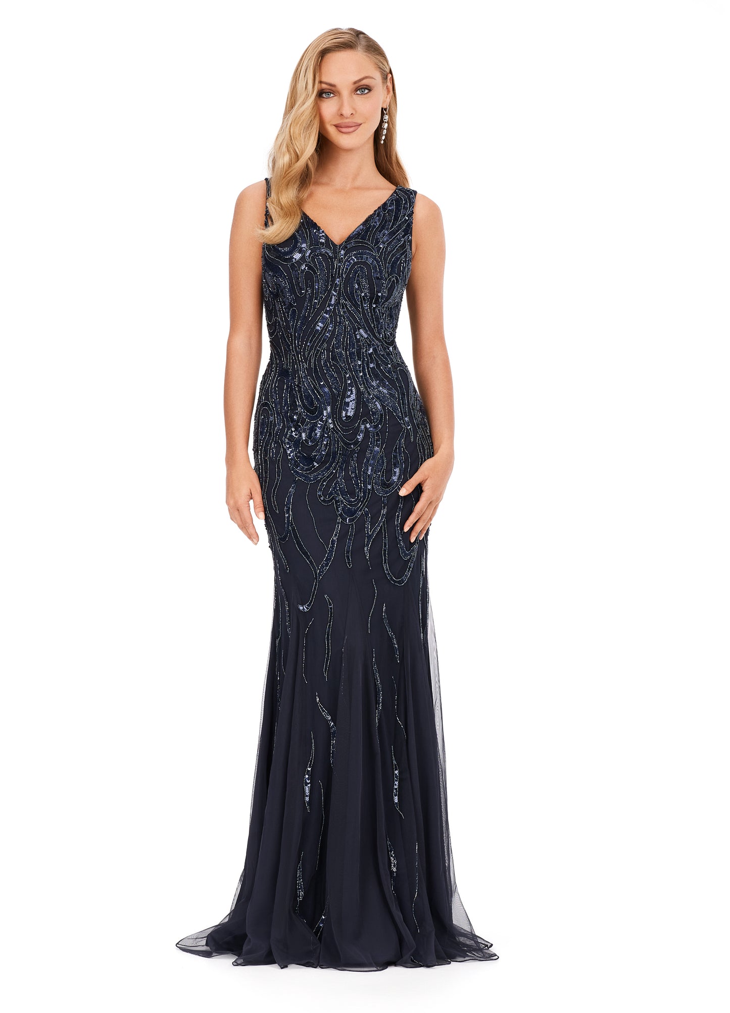 Ashley Lauren 11204 V-Neck Sequin V-Back Hand Beaded Sheer Long Evening Dress. This classic fitted gown features a v-neckline, v-back and a flattering bead pattern.