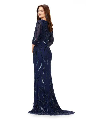 Ashley Lauren 11205 Long Evening Gown Mother of the Bride Dress Three Quarter Sleeve V-Neck High Back Fit And Flare Fully Beaded Formal Gown