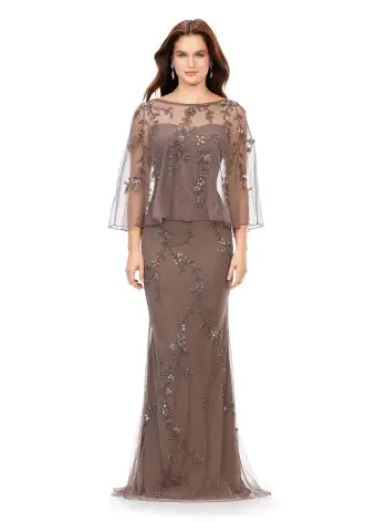 Ashley Lauren 11211 Strapless Floral Bead Modif Gown With Detachable Overlay Sweetheart Neckline Evening Gown. Dazzle in this sophisticated evening gown. This strapless beaded gown is paired with a light detachable overlay. The gown and overlay are adorned wih a floral beaded motif.