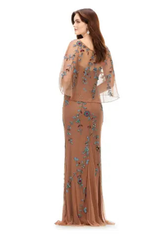 Ashley Lauren 11211 Strapless Floral Bead Modif Gown With Detachable Overlay Sweetheart Neckline Evening Gown. Dazzle in this sophisticated evening gown. This strapless beaded gown is paired with a light detachable overlay. The gown and overlay are adorned wih a floral beaded motif.