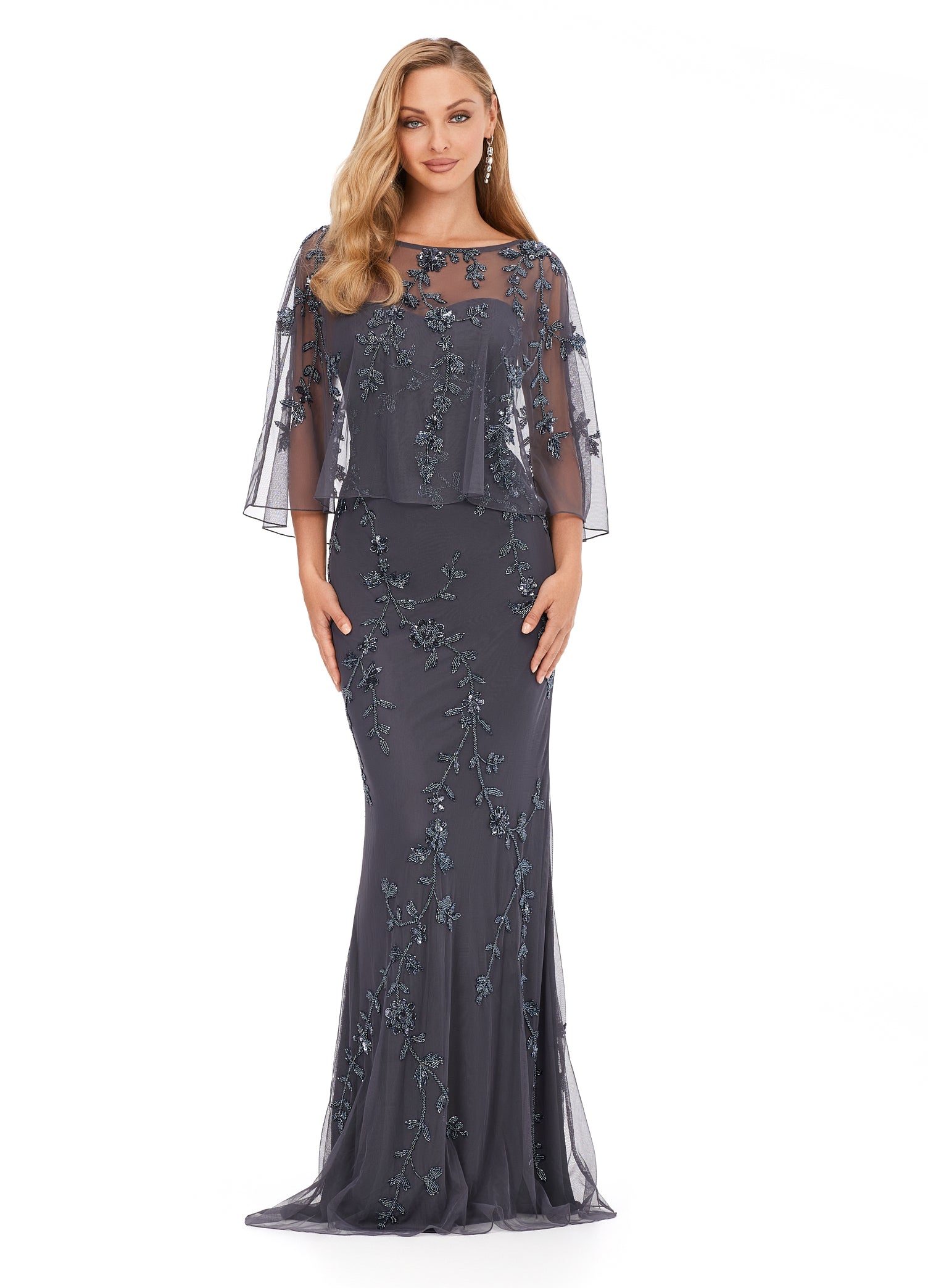 Ashley Lauren 11211 Strapless Floral Bead Modif Gown With Detachable Overlay Sweetheart Neckline Evening Gown. Dazzle in this sophisticated evening gown. This strapless beaded gown is paired with a light detachable overlay. The gown and overlay are adorned wih a floral beaded motif.