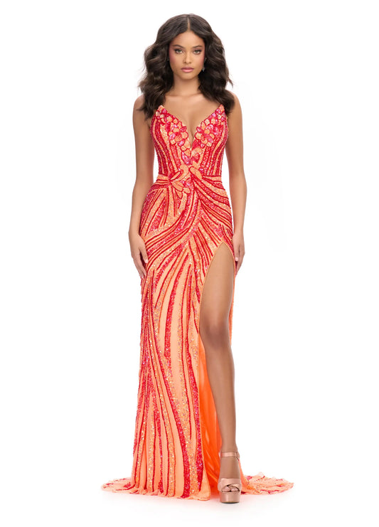 Ashley Lauren 11236 Size 00,0,2,4,6,8,10,14 Red Coral Long Fitted V Neck Slit Beaded Sequin Prom Dress Pageant Gown