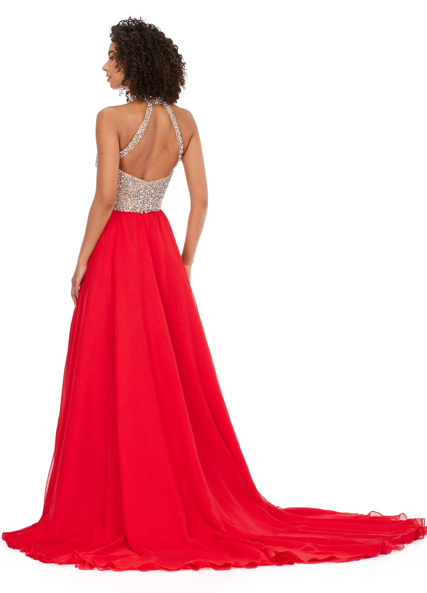 Ashley Lauren 11248 Chiffon Crystal Gown Beaded Bustier Maxi Slit Cross Back Halter Neckline A-Line Formal Dress. This chiffon A-line gown features a beautifully beaded halter top that is sure to shine bright at any event. The look is complete with an illusion cut out and high left leg slit.