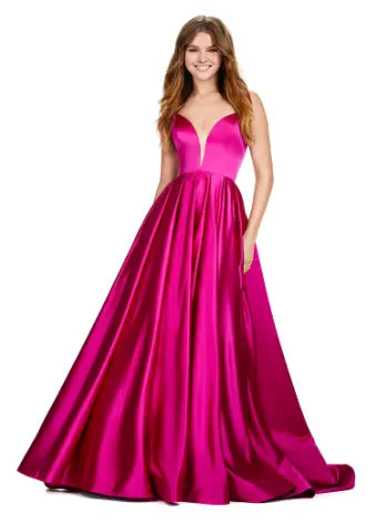 Ashley Lauren 11250 Strapless Plunging Neckline Heavy Satin A-Line Sweeping Train Ballgown Formal Dress