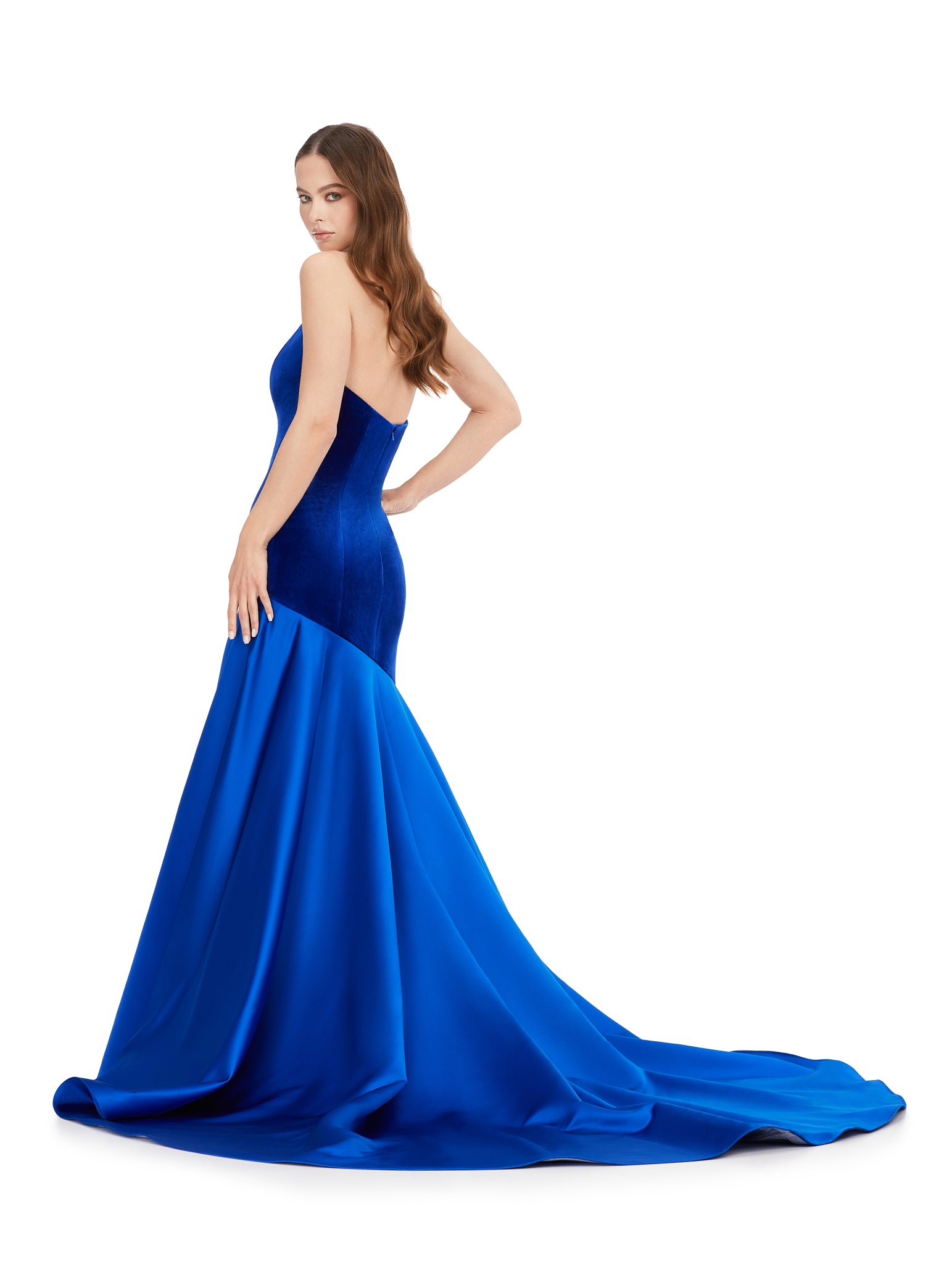 Ashley Lauren 11264 Strapless Velvet Heavy Satin Asymmetrical Flare Skirt V-Neck Mermaid Formal Gown. Be prepared to WOW in this stunning V-neck mermaid gown! Luscious velvet is met with an asymmetrical satin flare skirt, captivating any crowd!