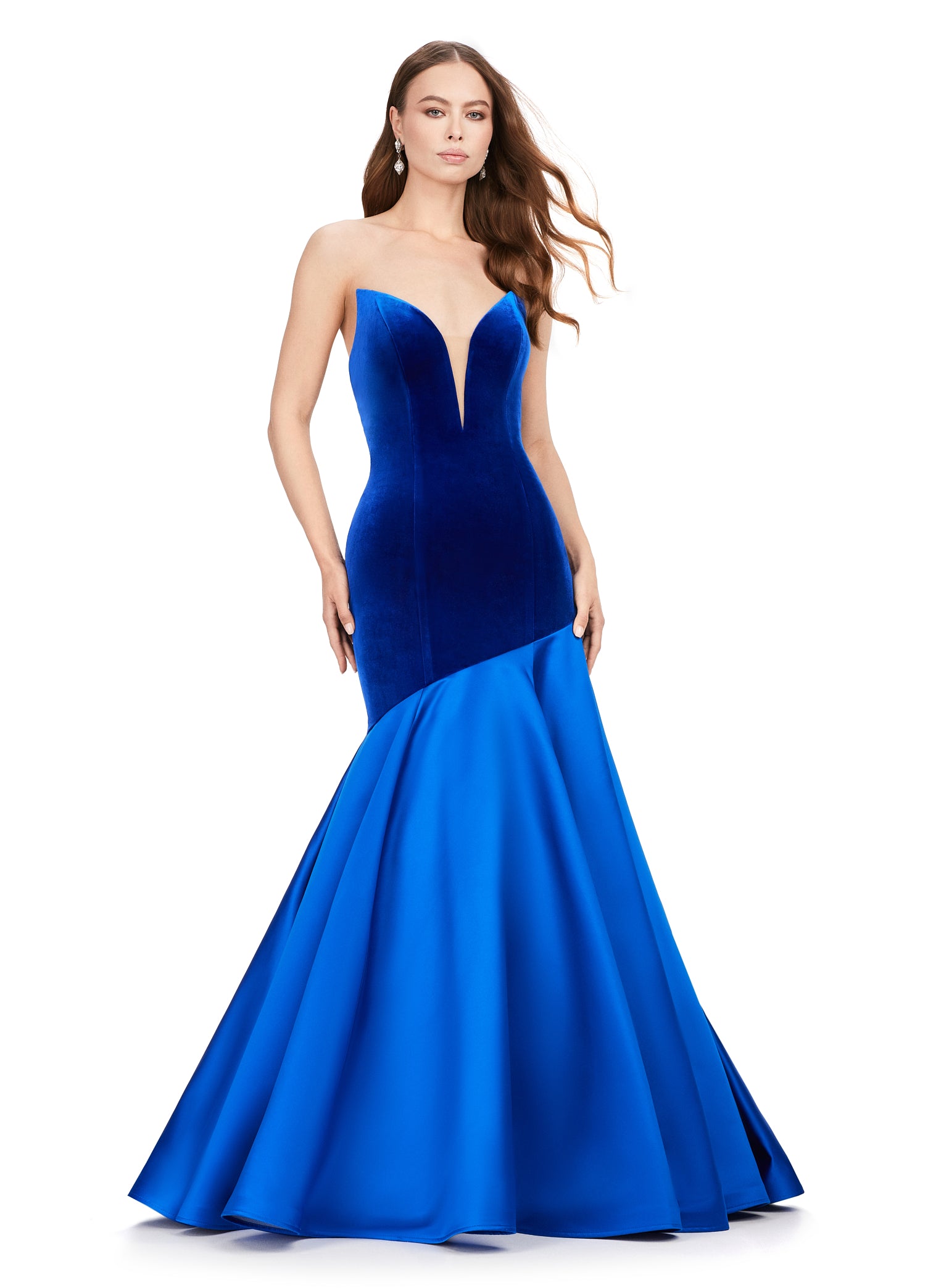 Ashley Lauren 11264 Strapless Velvet Heavy Satin Asymmetrical Flare Skirt V-Neck Mermaid Formal Gown. Be prepared to WOW in this stunning V-neck mermaid gown! Luscious velvet is met with an asymmetrical satin flare skirt, captivating any crowd!