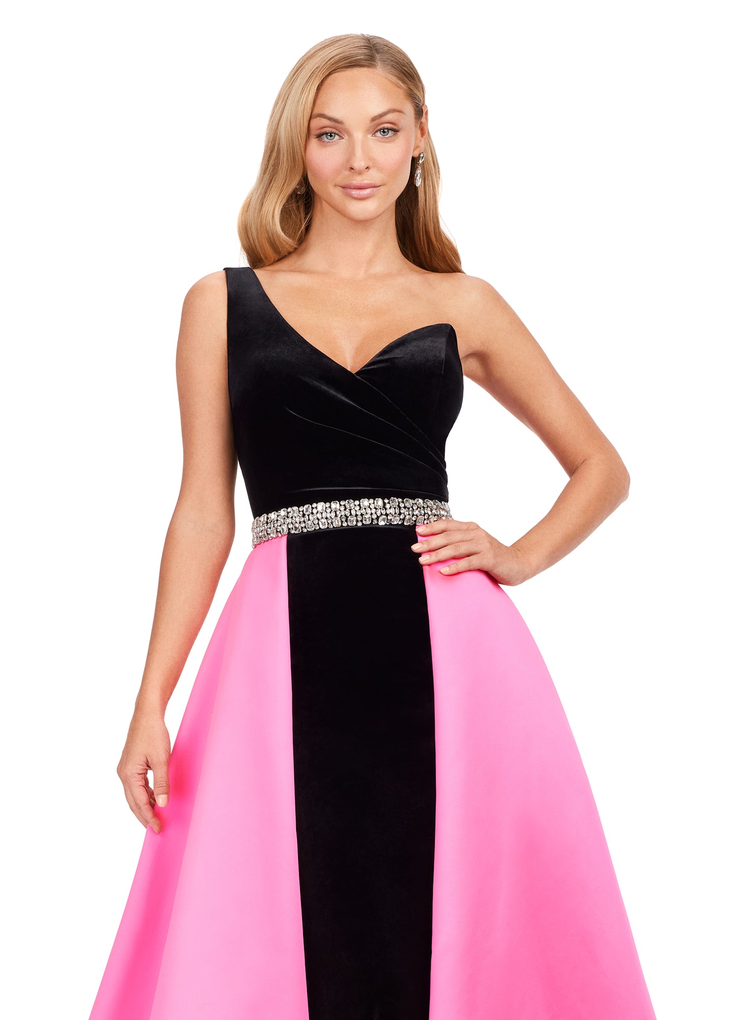 Ashley Lauren 11265 Velvet One Shoulder Heavy Satin Overskirt Crystal Beaded Belt Gown Formal Dress.Did someone say regal? This unique one-shoulder velvet gown features a gorgeous heavy satin overskirt and a crystal beaded belt.