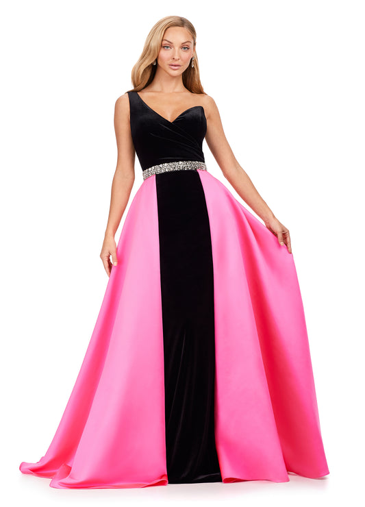 Ashley Lauren 11265 Velvet One Shoulder Heavy Satin Overskirt Crystal Beaded Belt Gown Formal Dress.Did someone say regal? This unique one-shoulder velvet gown features a gorgeous heavy satin overskirt and a crystal beaded belt.