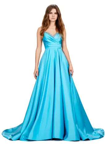 Ashley Lauren 11267 Long Prom Spaghetti Strap Heavy Satin Crystal Beading Bustier A-Line Ballgown Formal Dress