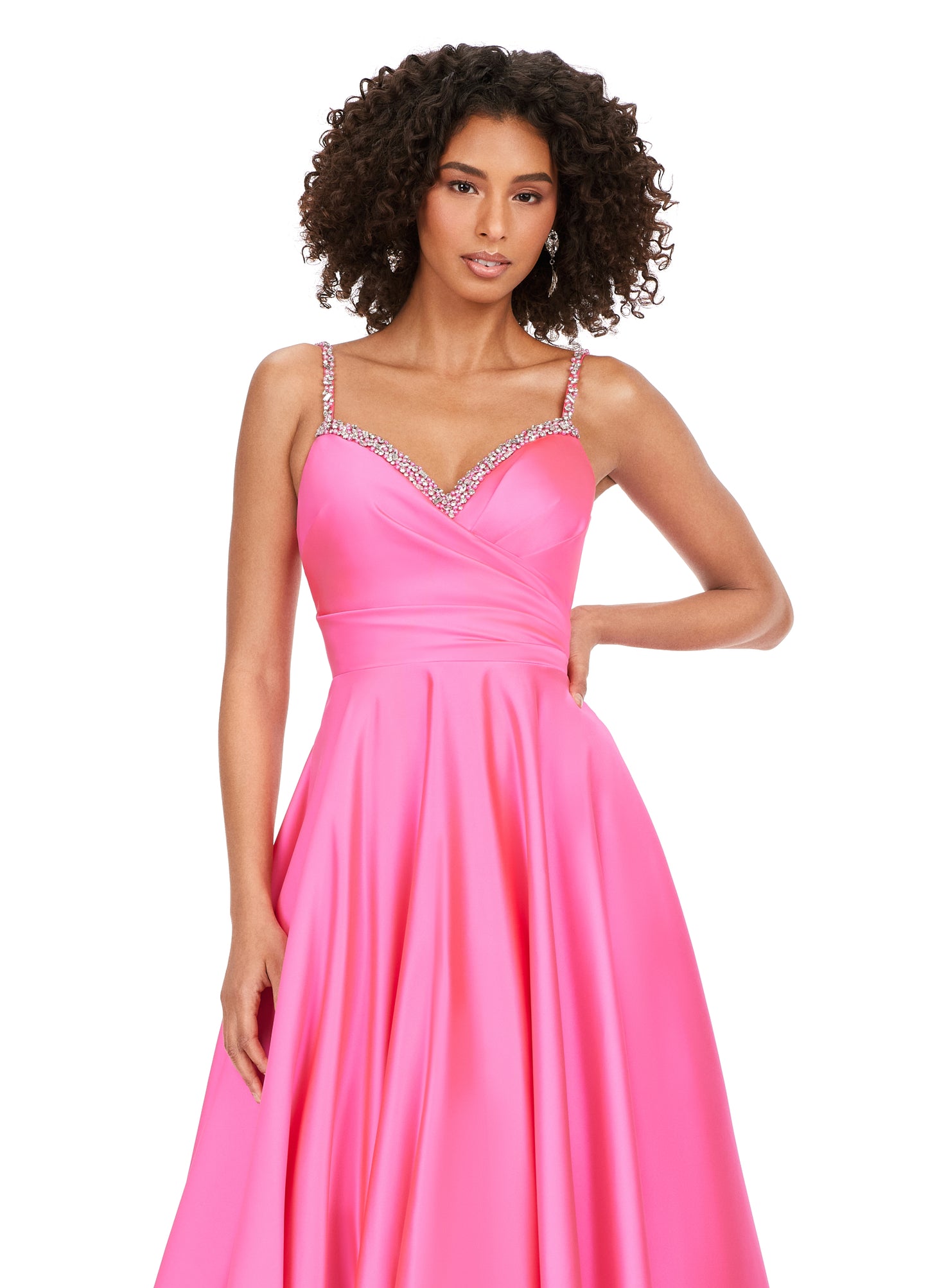 Ashley Lauren 11267 Spaghetti Strap Heavy Satin Crystal Beading Bustier A-Line Ballgown Formal Dress. Turn heads in this beautiful A-line gown, featuring spaghetti straps and eye catching crystal beading. The bustier is complete with asymmetrical ruching to perfectly accentuate your curves.