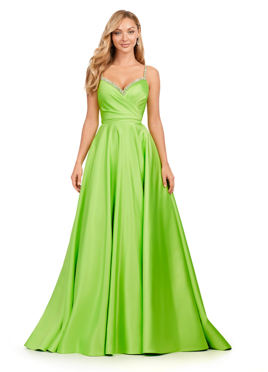 Ashley Lauren 11267 Spaghetti Strap Heavy Satin Crystal Beading Bustier A-Line Ballgown Formal Dress. Turn heads in this beautiful A-line gown, featuring spaghetti straps and eye catching crystal beading. The bustier is complete with asymmetrical ruching to perfectly accentuate your curves.