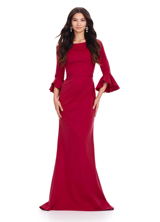 Ashley Lauren 11325 Crew Neck Three Quarter Flutter Sleeves Ruched Skirt Fitted Gown. This timeless and elegent evening gown features flutter three quarter sleeves. The skirt is adorned with ruching and finished with a sweep train.