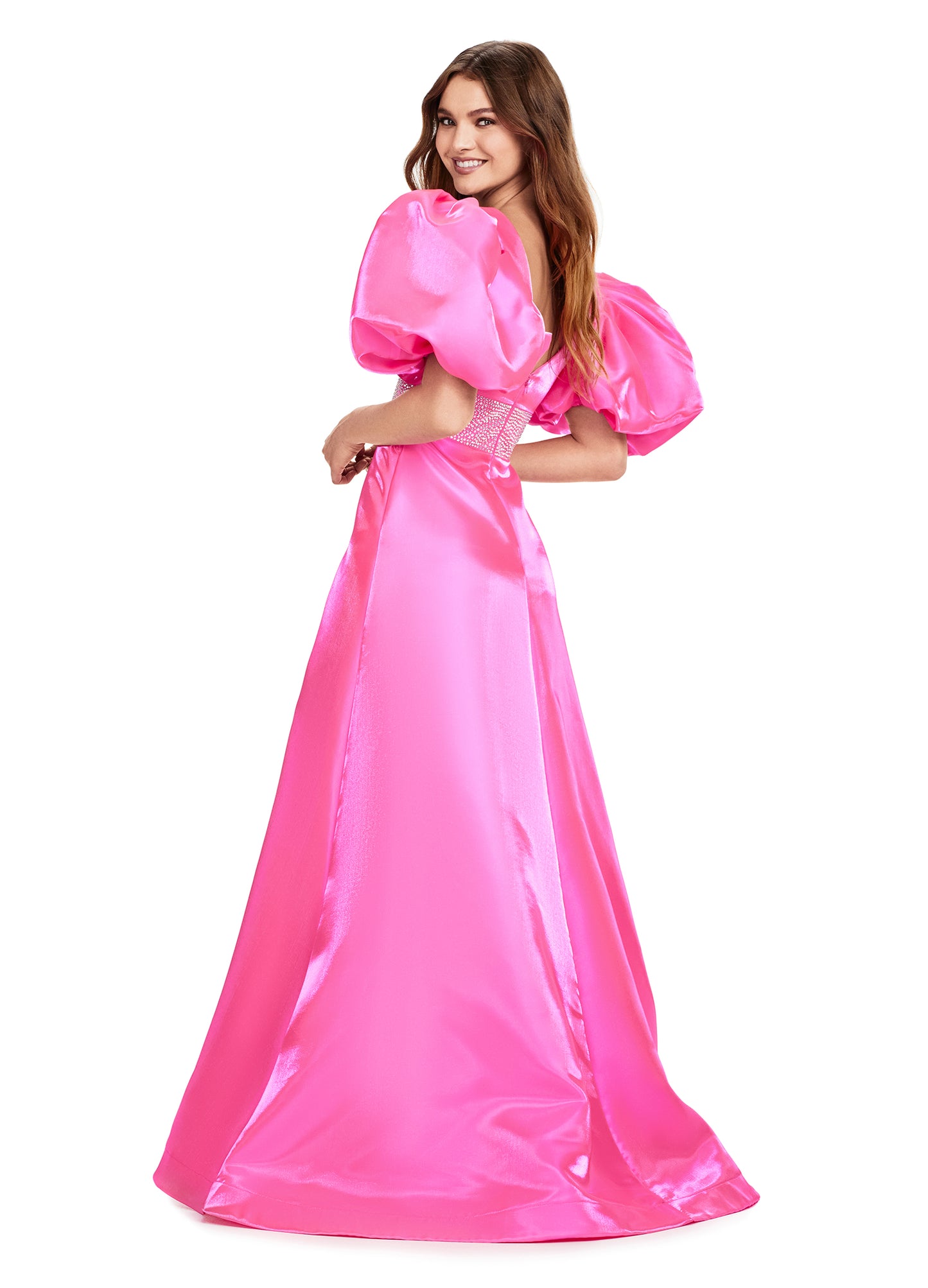 Ashley Lauren 11378 Hot Pink A-Line Evening Gown with Oversized Puff Sleeves