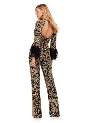 The Ashley Lauren 11394 Fully Beaded Jumpsuit with Feathers is a stunning choice for any formal event. This jumpsuit features intricate beading and elegant feather detailing, adding an extra touch of luxury. Designed by Ashley Lauren, a renowned expert in the fashion industry, this jumpsuit is sure to make a statement. Perfect for prom or any special occasion. Make a statement in this extravagant jumpsuit! Fully beaded with an open back and feathered cuffs, the details in this jumpsuit is sure to WOW!