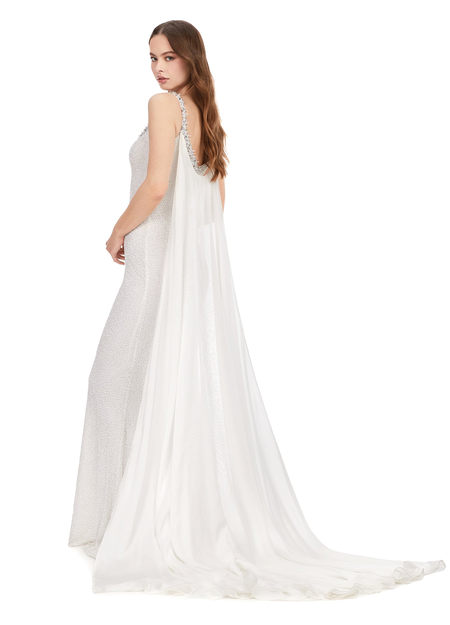 Ashley Lauren 11398 Vermicelli Beaded Gown with Chiffon Cape Crystal Detail Sweetheart Neckline Dress. Talk about stunning! This fully vermicelli beaded gown features crystal adorned straps that continues along the trim of the bustier. The look is complete with a chiffon cape.