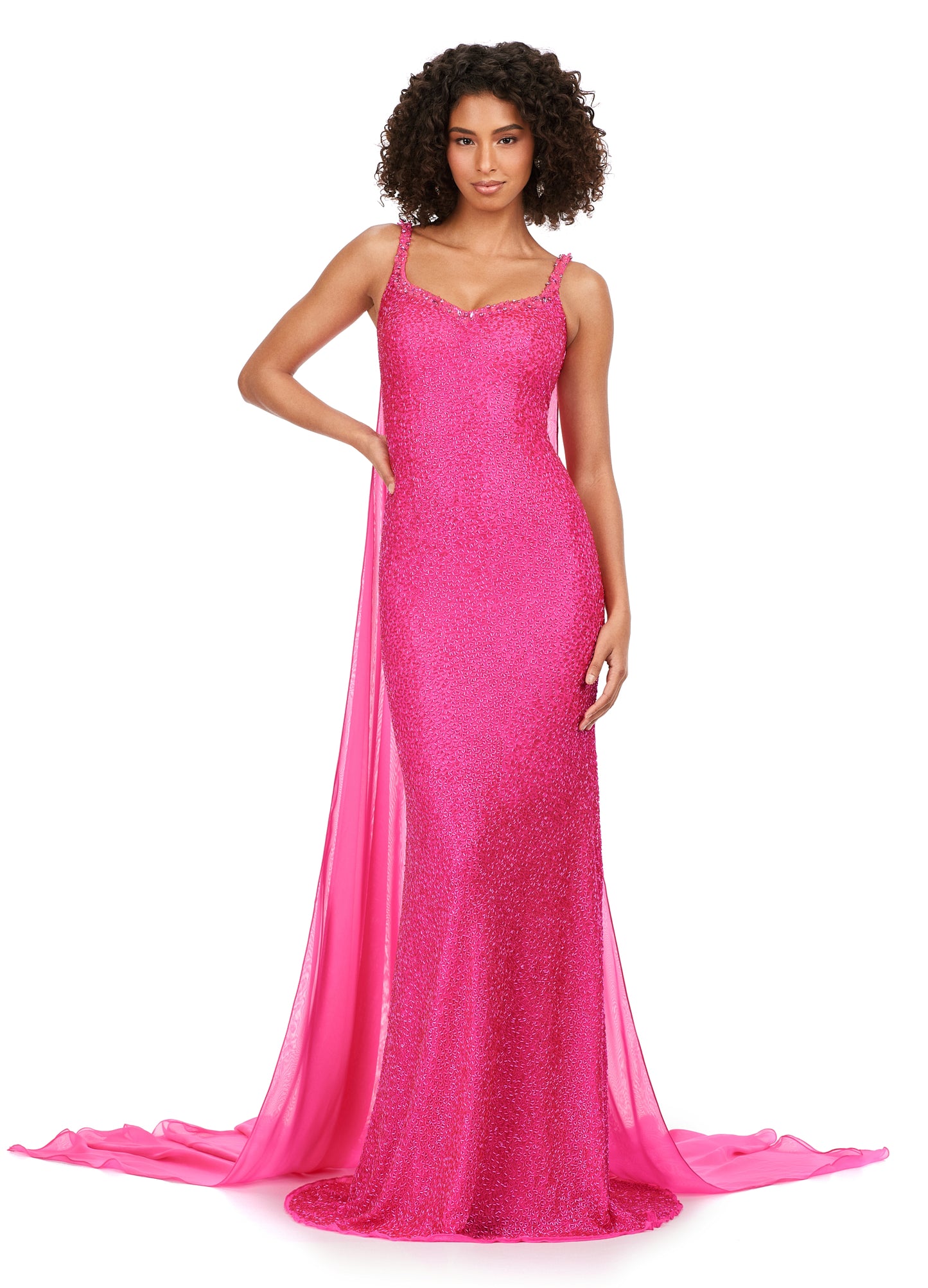 Ashley Lauren 11398 Vermicelli Beaded Gown with Chiffon Cape Crystal Detail Sweetheart Neckline Dress. Talk about stunning! This fully vermicelli beaded gown features crystal adorned straps that continues along the trim of the bustier. The look is complete with a chiffon cape.