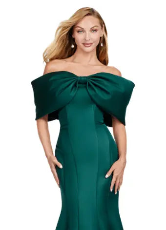 Experience elegance with the Ashley Lauren 11413 Long Prom Dress. Designed with an off-shoulder neckline, this dress is crafted from luxurious double-faced satin and features an oversized bow for added drama. Perfect for formal events and pageants, this dress will make you stand out with its sophisticated and flattering silhouette. Talk about elegant. This off shoulder gown is complete with an oversized bow along the neckline. This double faceted satin gown has a mermaid silhouette.