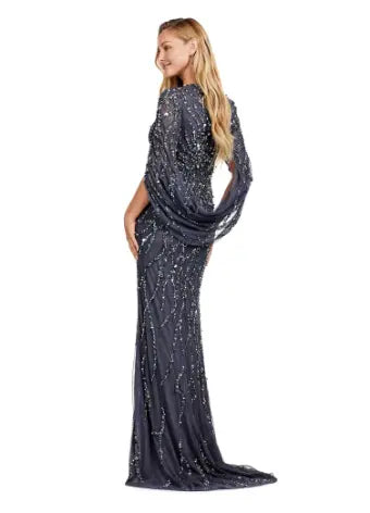 This long prom dress by Ashley Lauren 11430 features a stunning sequin V-neck and elegant cape sleeves, perfect for a formal pageant or evening event. The modern design and quality construction make it a must-have for any fashion-forward individual looking to make a statement. Look and feel confident in this unique, eye-catching gown. 