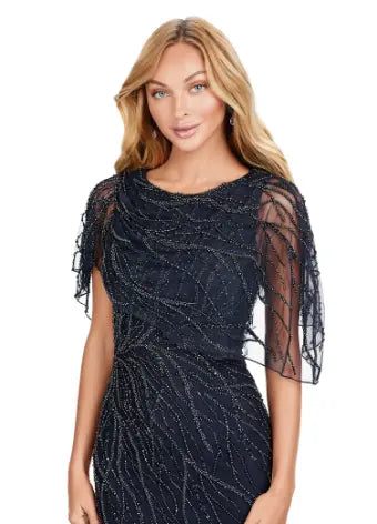 Make a statement in the Ashley Lauren 11431 Long Prom Mermaid Dress. This elegant gown features intricate beading and an asymmetrical cape, creating a stunning silhouette that will turn heads. Perfect for formal occasions and pageants, this dress will make you feel confident and glamorous. Classy with a twist. This fully beaded gown features a sheer asymmetric cape and feathers throughout the skirt.