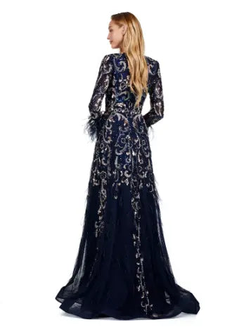 Elevate your style with the Ashley Lauren 11435 Long Prom Dress. With long sleeves, an A-Line gown, and feather details, this formal pageant dress exudes elegance and sophistication. The perfect combination of effortless grace and fashion-forward design, this dress is sure to turn heads at any formal occasion. This fully beaded A-line gown features a V-Neckline. The feather wrist detail elevates the look.