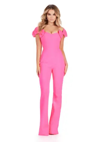 Introducing the Ashley Lauren 11439 Formal Scuba Jumpsuit, featuring a beautiful off shoulder design with elegant bow details. Made with high-quality scuba fabric, this jumpsuit offers a comfortable and sleek fit for any prom or formal occasion. Show off your fashion-forward style with this must-have piece. Strike a pose in this fun-fashion scuba jumpsuit! With the cutest off shoulder bow sleeves, this piece will give you the confidence you need at any event!