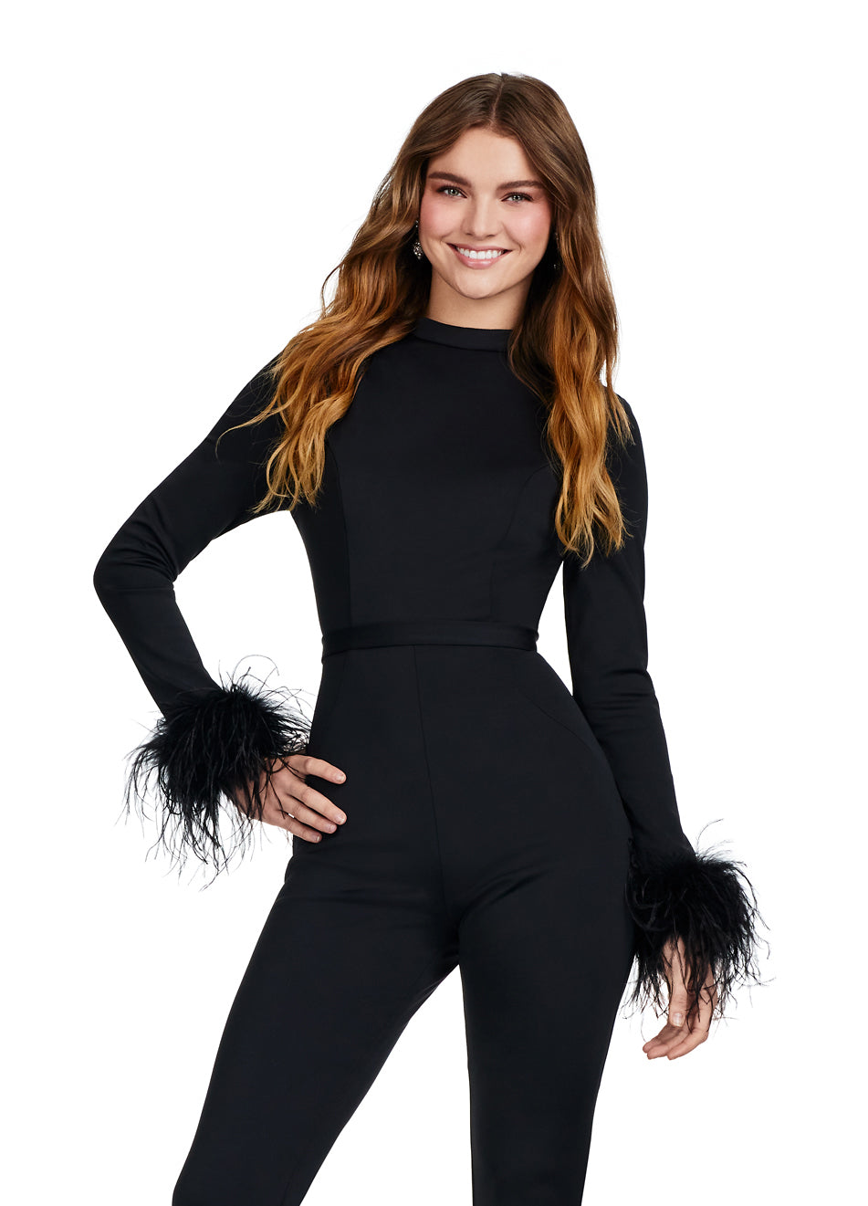 Discover the elegance of the Ashley Lauren 11441 Prom Scuba Jumpsuit. Featuring a stunning open back design and delicate feather detailing, this jumpsuit is sure to make a statement at any formal event. Made with high-quality scuba material, it offers both comfort and style for a night to remember. Time to make a statement in scuba! With the feather cuffs and back cut out this jumpsuit is sure to turn heads.