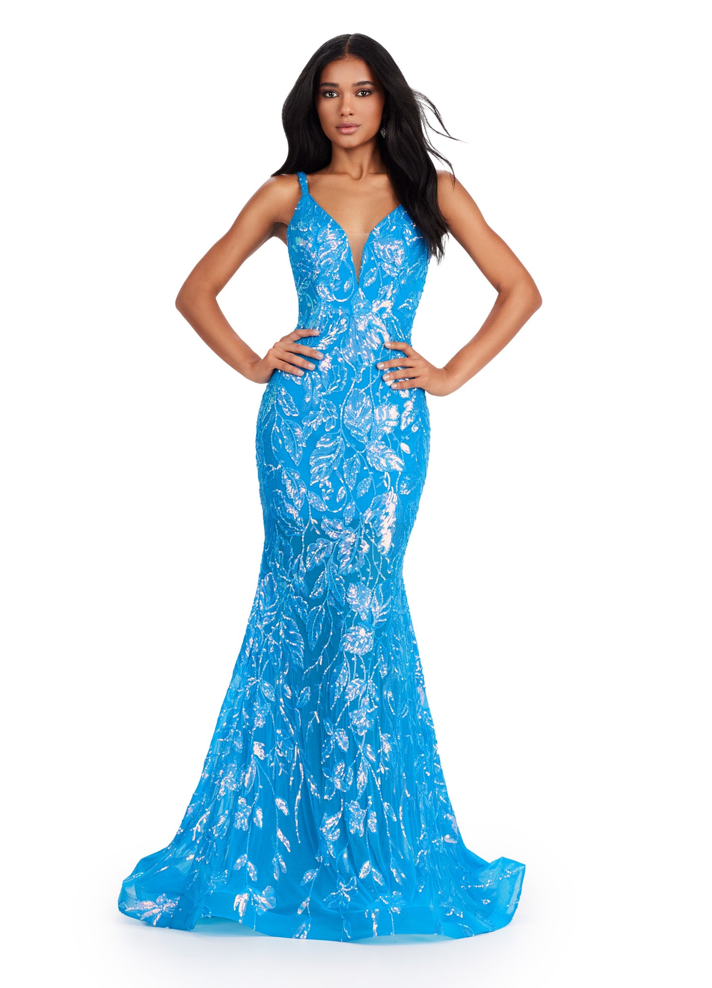 Elevate your prom or pageant look with the Ashley Lauren 11444 gown. Featuring a dazzling sequin design, spaghetti straps, and a low back, this formal dress is sure to turn heads. Its long length adds elegance, while the spaghetti straps provide comfort and support. Make a statement with this stunning gown. Look like royalty in this fully sequin gown! From its elegant top, open back and flare skirt, this gown has it all!