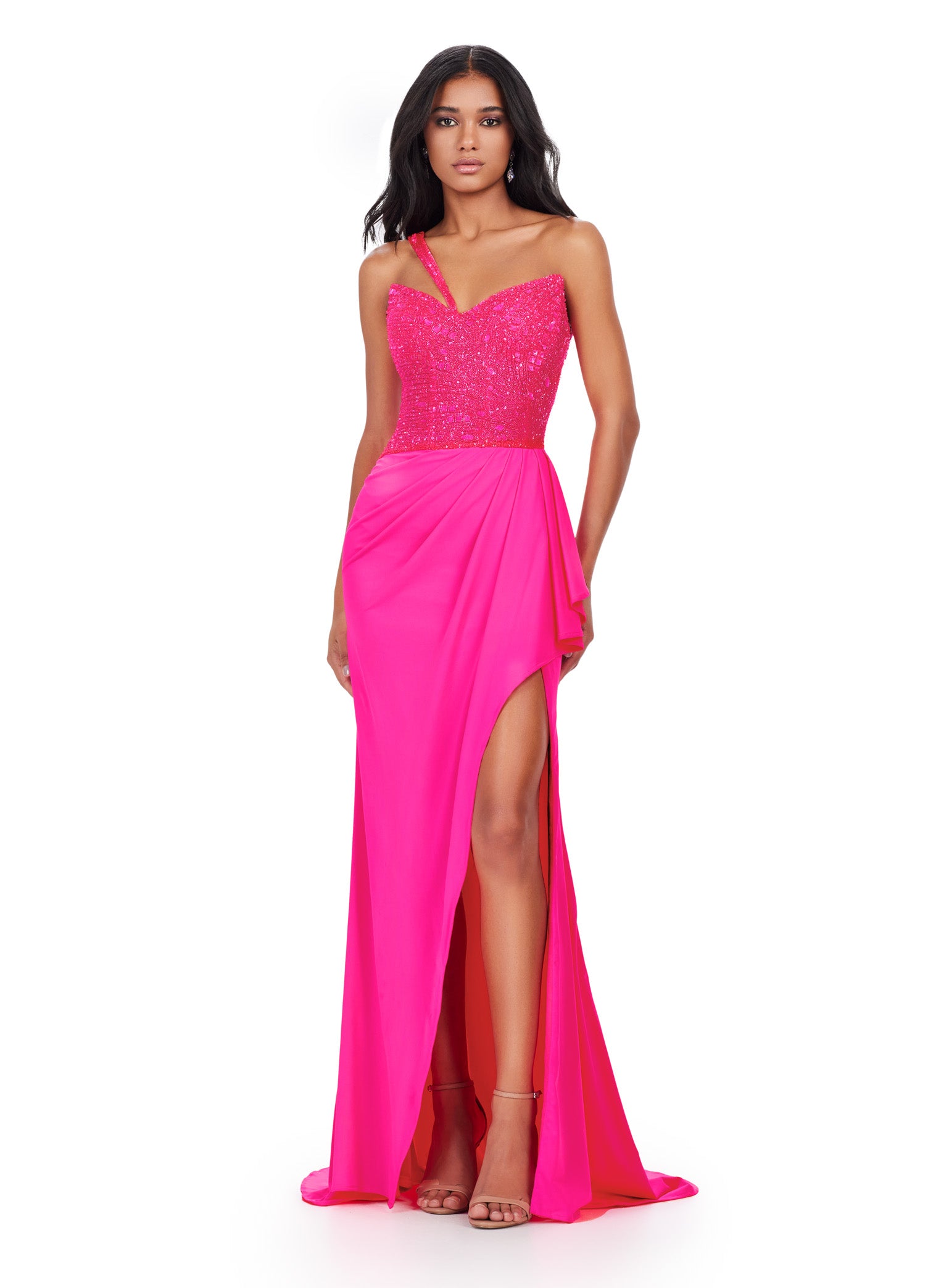 Be the star of the night in the Ashley Lauren 11454 Long Prom Dress. This one shoulder jersey gown features a fully beaded bustier, adding extra sparkle to your look. Perfect for formal events and pageants, this dress will make you stand out with its elegant and timeless design. Where elegance meets fabulous. This one shoulder jersey gown features a fully beaded bustier and ruched details.