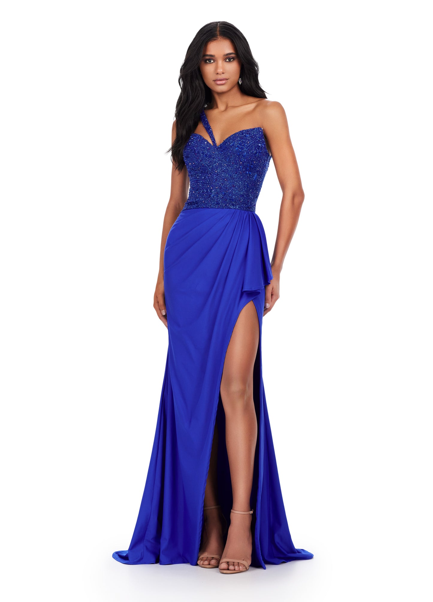 Be the star of the night in the Ashley Lauren 11454 Long Prom Dress. This one shoulder jersey gown features a fully beaded bustier, adding extra sparkle to your look. Perfect for formal events and pageants, this dress will make you stand out with its elegant and timeless design. Where elegance meets fabulous. This one shoulder jersey gown features a fully beaded bustier and ruched details.