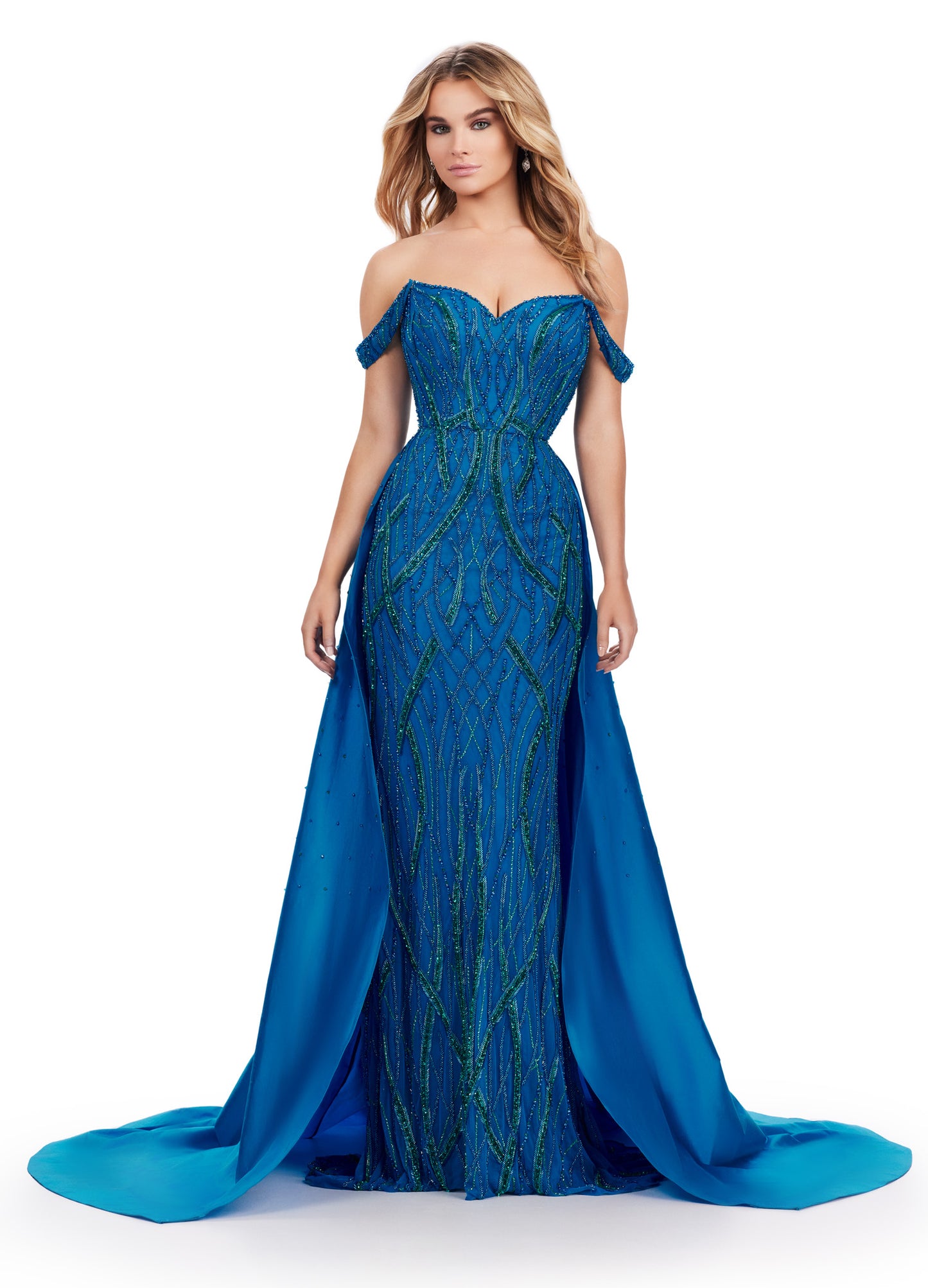 Elevate your evening look with the Ashley Lauren 11458 Long Prom Dress. This fully beaded strapless gown features a flattering off shoulder neckline and a unique draping taffeta overskirt. Perfect for formal occasions and pageants. Regal and fabulous? We got you. This fully beaded gown features an off shoulder sweetheart neckline and a dramatic taffeta overskirt to help you slay at your next event.