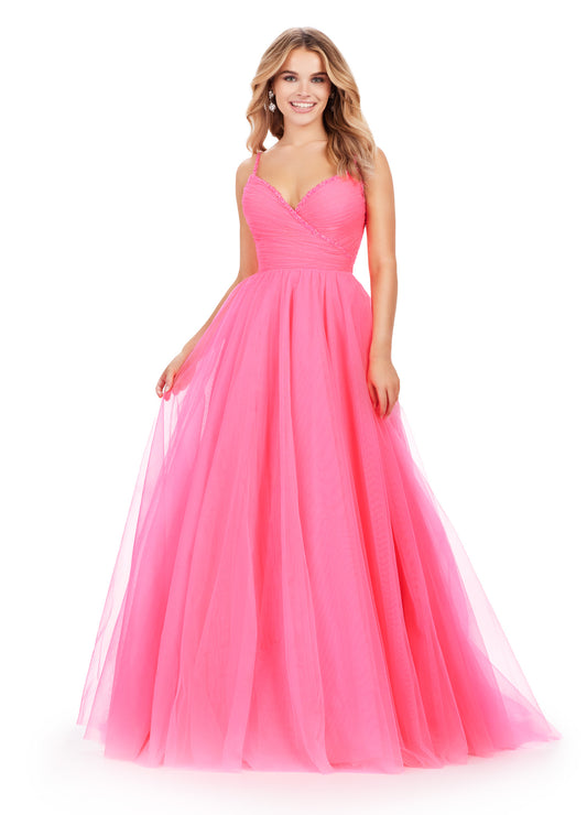 The Ashley Lauren 11461 Long Prom Dress is the perfect choice for your formal occasion. This elegant gown features delicate spaghetti straps and a tulle ball gown skirt for a timeless look. The intricate beaded detailing adds a touch of sparkle, making you stand out from the crowd. Experience the ultimate in luxury with this pageant-worthy dress. This simplistic ball gown features dainty beaded spaghetti straps with a ruched bodice.