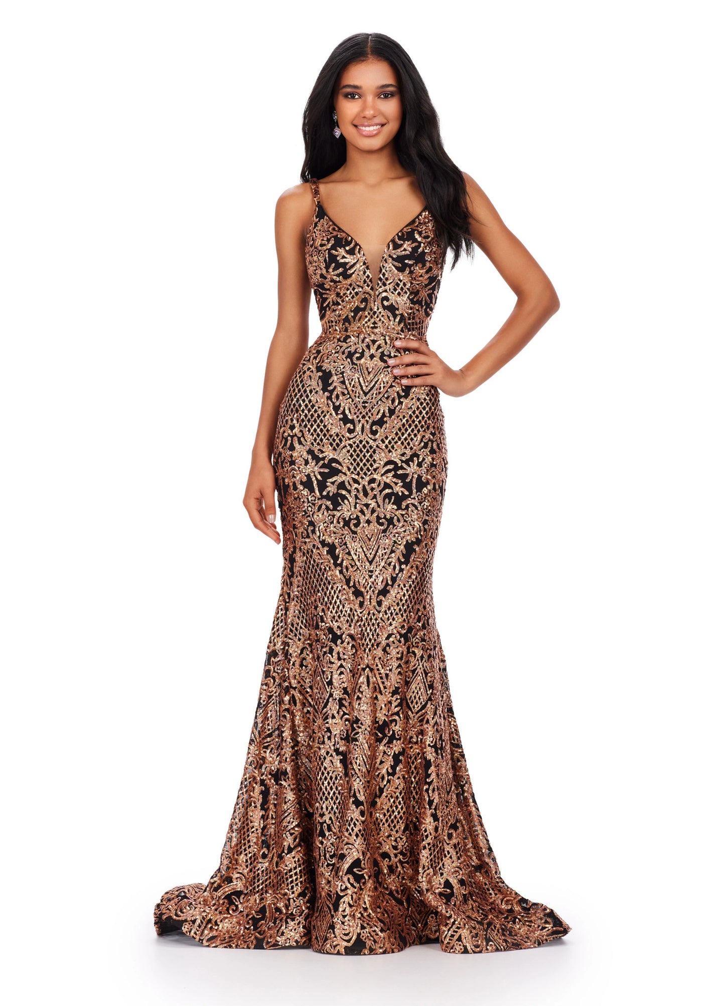 This eye-catching Ashley Lauren 11466 Long Sequin Mermaid Prom Dress is sure to make a statement. The glamorous V-neck, backless design, and long mermaid skirt make this the ultimate formal gown. Perfect for making a lasting impression. A dress perfect for any event. This intricate stretch sequin gown features a V-Neckline and a low cut back.