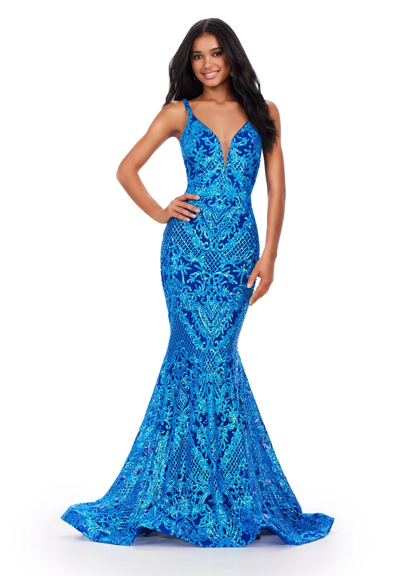 This eye-catching Ashley Lauren 11466 Long Sequin Mermaid Prom Dress is sure to make a statement. The glamorous V-neck, backless design, and long mermaid skirt make this the ultimate formal gown. Perfect for making a lasting impression. A dress perfect for any event. This intricate stretch sequin gown features a V-Neckline and a low cut back.